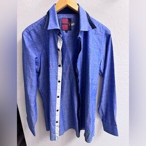 Vassari Men’s Blue and White Pattern Dress Shirt with Slim Fit